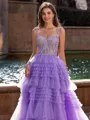 Elegant A-line V-Neck Appliques Lace Court Train Tulle Corset Prom Dress