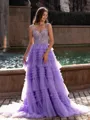 Elegant A-line V-Neck Appliques Lace Court Train Tulle Corset Prom Dress
