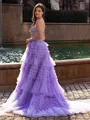 Elegant A-line V-Neck Appliques Lace Court Train Tulle Corset Prom Dress