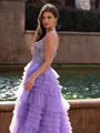 Elegant A-line V-Neck Appliques Lace Court Train Tulle Corset Prom Dress