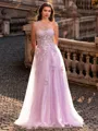 Timeless A-line One-Shoulder Appliques Lace Sweep Train Tulle Corset Prom Dress