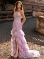 Glamorous Sheath One-Shoulder Appliques Lace Sweep Train Tulle Corset Prom Dress