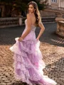 Glamorous Sheath One-Shoulder Appliques Lace Sweep Train Tulle Corset Prom Dress