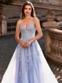 Charming A-line V-Neck Appliques Lace Sweep Train Corset Prom Dress