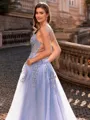 Charming A-line V-Neck Appliques Lace Sweep Train Corset Prom Dress