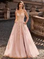 Charming A-line V-Neck Appliques Lace Sweep Train Corset Prom Dress