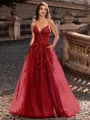 Charming A-line V-Neck Appliques Lace Sweep Train Corset Prom Dress