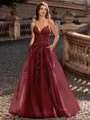 Charming A-line V-Neck Appliques Lace Sweep Train Corset Prom Dress