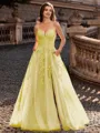 Charming A-line V-Neck Appliques Lace Sweep Train Corset Prom Dress
