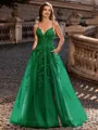 Charming A-line V-Neck Appliques Lace Sweep Train Corset Prom Dress