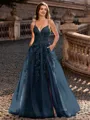 Charming A-line V-Neck Appliques Lace Sweep Train Corset Prom Dress