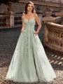 Charming A-line V-Neck Appliques Lace Sweep Train Corset Prom Dress