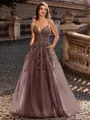 Charming A-line V-Neck Appliques Lace Sweep Train Corset Prom Dress