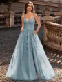 Charming A-line V-Neck Appliques Lace Sweep Train Corset Prom Dress