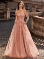 Charming A-line V-Neck Appliques Lace Sweep Train Corset Prom Dress