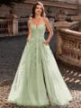 Charming A-line V-Neck Appliques Lace Sweep Train Corset Prom Dress