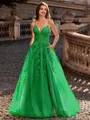 Charming A-line V-Neck Appliques Lace Sweep Train Corset Prom Dress