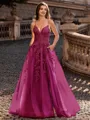 Charming A-line V-Neck Appliques Lace Sweep Train Corset Prom Dress