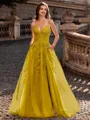 Charming A-line V-Neck Appliques Lace Sweep Train Corset Prom Dress