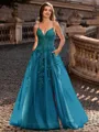 Charming A-line V-Neck Appliques Lace Sweep Train Corset Prom Dress