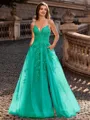Charming A-line V-Neck Appliques Lace Sweep Train Corset Prom Dress