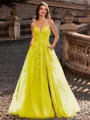 Charming A-line V-Neck Appliques Lace Sweep Train Corset Prom Dress