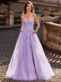 Charming A-line V-Neck Appliques Lace Sweep Train Corset Prom Dress