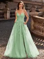 Charming A-line V-Neck Appliques Lace Sweep Train Corset Prom Dress