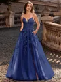 Charming A-line V-Neck Appliques Lace Sweep Train Corset Prom Dress