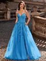 Charming A-line V-Neck Appliques Lace Sweep Train Corset Prom Dress