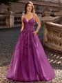 Charming A-line V-Neck Appliques Lace Sweep Train Corset Prom Dress