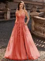 Charming A-line V-Neck Appliques Lace Sweep Train Corset Prom Dress