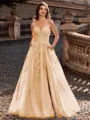Charming A-line V-Neck Appliques Lace Sweep Train Corset Prom Dress