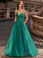 Charming A-line V-Neck Appliques Lace Sweep Train Corset Prom Dress