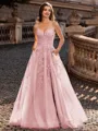 Charming A-line V-Neck Appliques Lace Sweep Train Corset Prom Dress