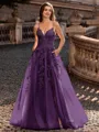 Charming A-line V-Neck Appliques Lace Sweep Train Corset Prom Dress