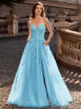 Charming A-line V-Neck Appliques Lace Sweep Train Corset Prom Dress
