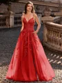 Charming A-line V-Neck Appliques Lace Sweep Train Corset Prom Dress