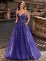 Charming A-line V-Neck Appliques Lace Sweep Train Corset Prom Dress