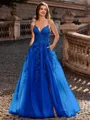 Charming A-line V-Neck Appliques Lace Sweep Train Corset Prom Dress