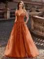 Charming A-line V-Neck Appliques Lace Sweep Train Corset Prom Dress
