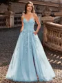 Charming A-line V-Neck Appliques Lace Sweep Train Corset Prom Dress