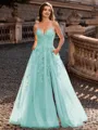 Charming A-line V-Neck Appliques Lace Sweep Train Corset Prom Dress