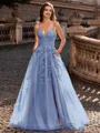 Charming A-line V-Neck Appliques Lace Sweep Train Corset Prom Dress