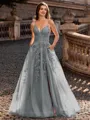 Charming A-line V-Neck Appliques Lace Sweep Train Corset Prom Dress