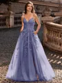 Charming A-line V-Neck Appliques Lace Sweep Train Corset Prom Dress