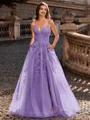 Charming A-line V-Neck Appliques Lace Sweep Train Corset Prom Dress
