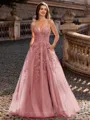 Charming A-line V-Neck Appliques Lace Sweep Train Corset Prom Dress