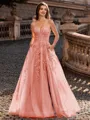 Charming A-line V-Neck Appliques Lace Sweep Train Corset Prom Dress