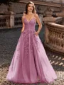 Charming A-line V-Neck Appliques Lace Sweep Train Corset Prom Dress